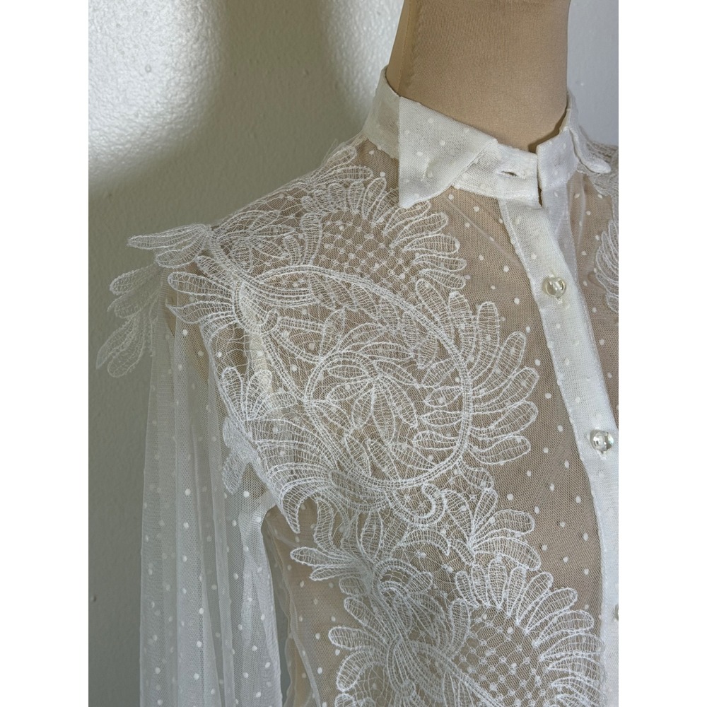 Women's White Sheer Lace Swiss Dot Blouse Small Romantic Victorian bride bridal